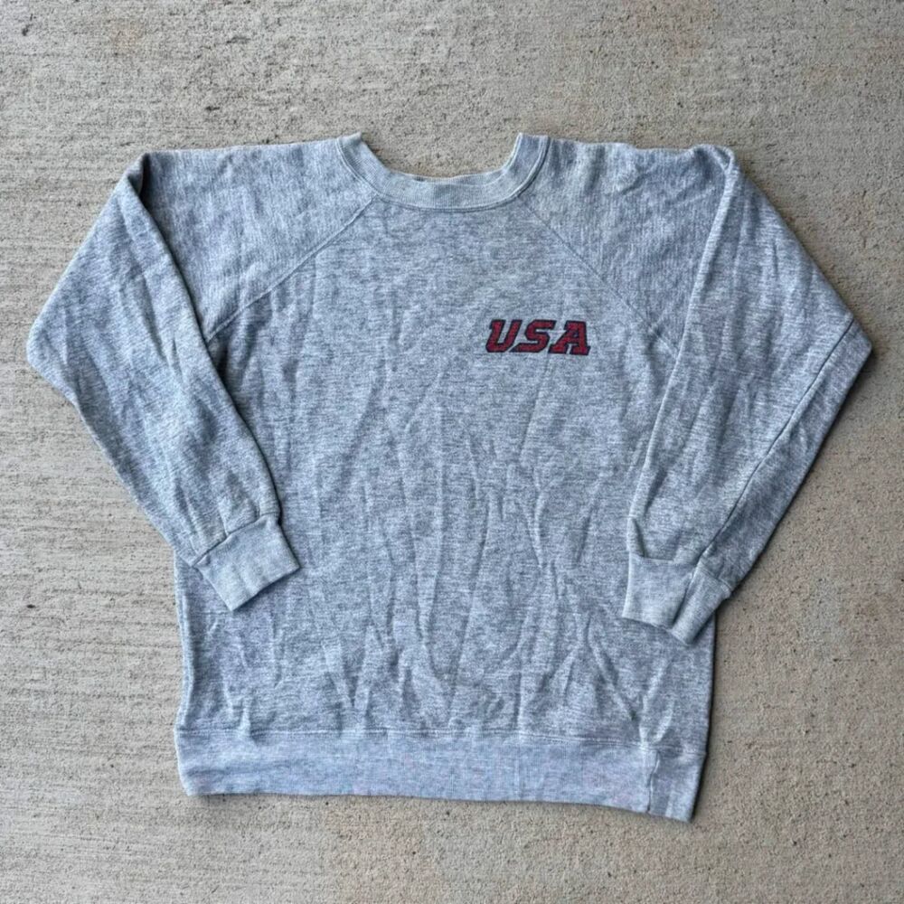 Vintage 70s Champion Blue Bar USA Raglan Sweatshirt Heather Grey Size XL